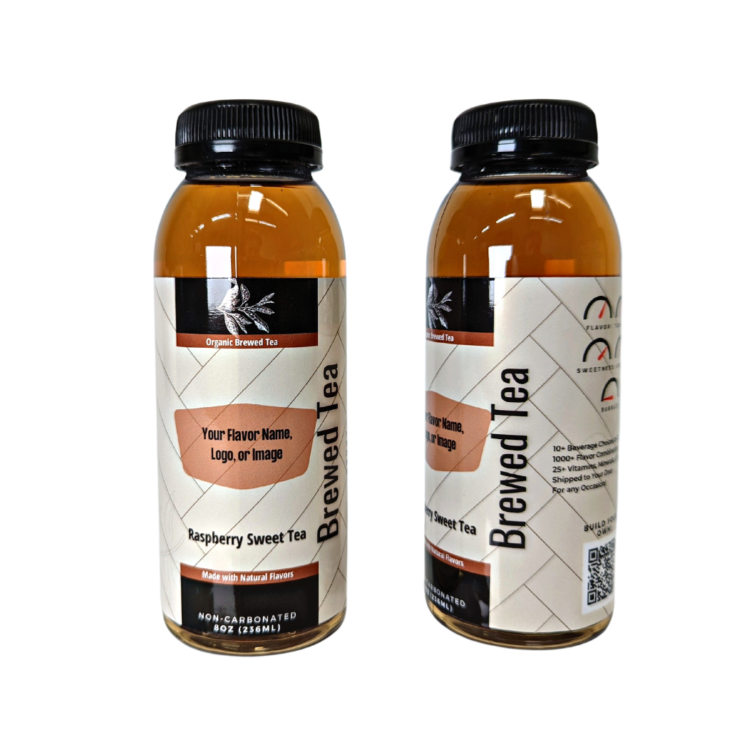 Brewed sweet raspberry tea sample for authentic tea taste in plastic bottle with black cap.